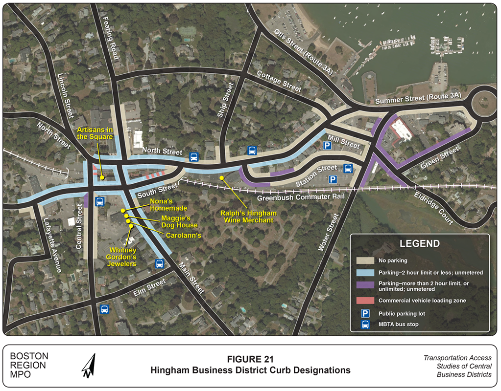 Hingham Business District Curb Designations
This figure is a map showing the curb lane designations in the Hingham central business district, and the businesses where customer surveying was conducted.
Hingham Business District Curb Designations
This figure is a map showing the curb lane designations in the Hingham central business district, and the businesses where customer surveying was conducted.